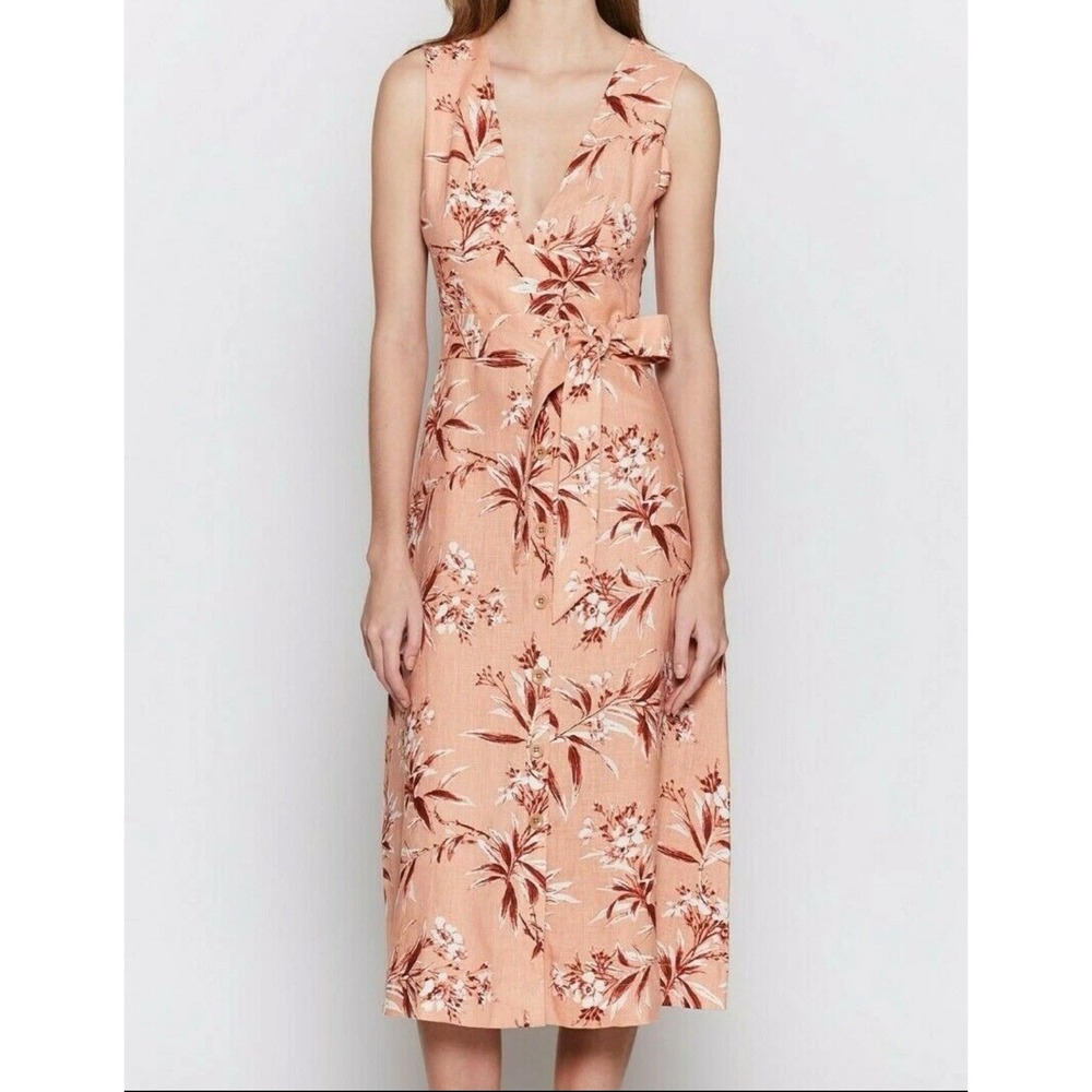 JOIE WOMENS XS ETHELDA SLEEVELESS FLORAL LINEN BELTED MIDI DRESS RESORT BEACHY